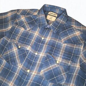 Ariat Huck Retro Snap Short Sleeve Shirt Size Medium Dutch Blue Plaid